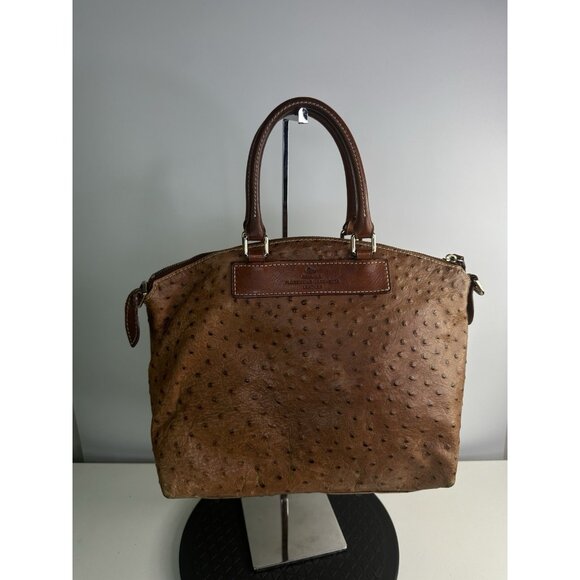 DAMAGED Dooney & Bourke Ostrich Domed Leather Satchel Cognac Handbag - Picture 2 of 11